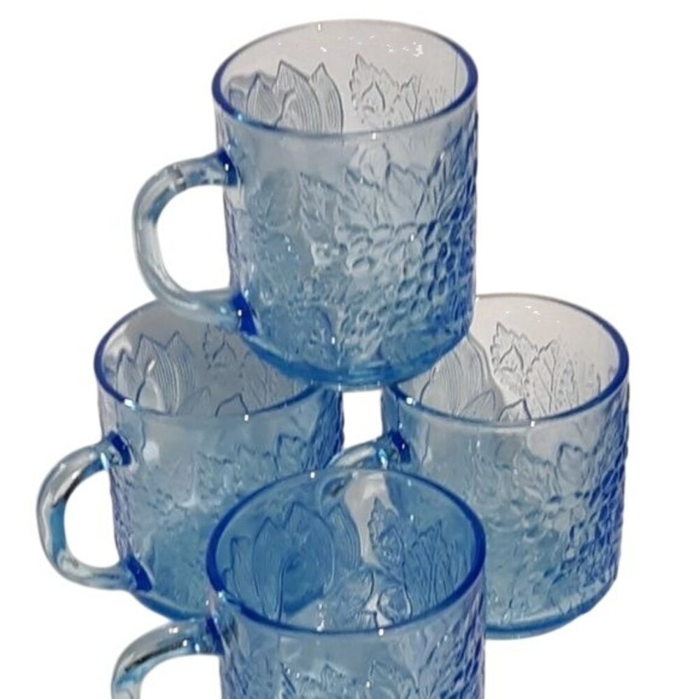 Vintage KIG Ice Blue Glass Mug Cup Set 4 Indonesia